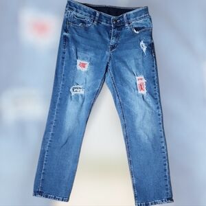 Lincoln Comfort Flex Distressed Jeans Women’s Size 6 Short | Patchwork Mid-Rise